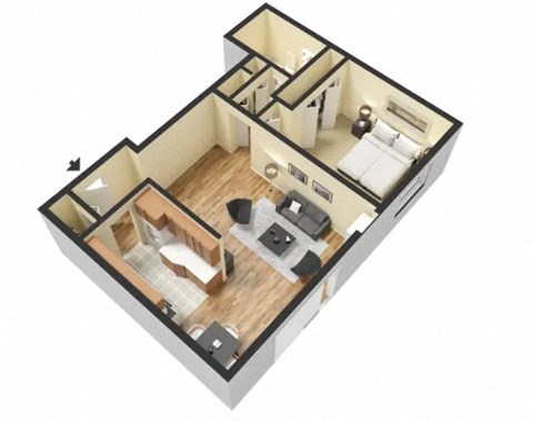 Floor plan for 1 bed, 1 bath, 627 sqft